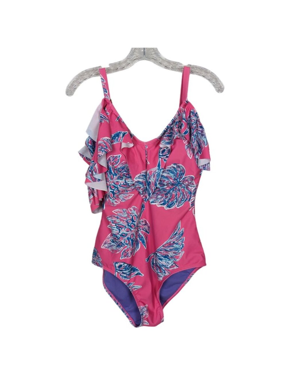 Nicole Miller One piece Leaves print pink blue cold shoulder ruffled Swimsuit S - Picture 9 of 13